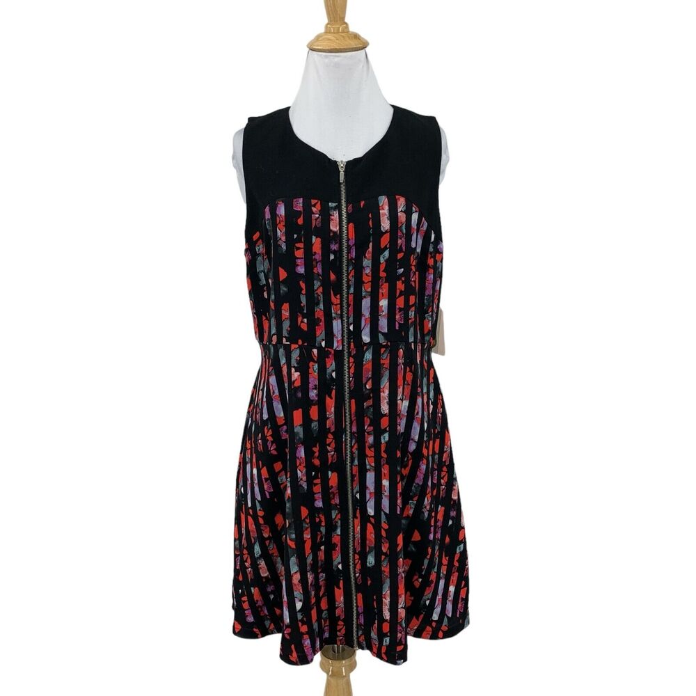 Forever 21 Dress Womens L Multi Striped Floral Sleeveless Zip Front Fit Flare